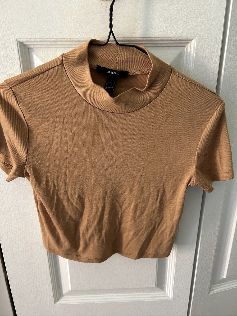 Forever 21 Camel/Tan Mock Neck Short Sleeve Crop Top